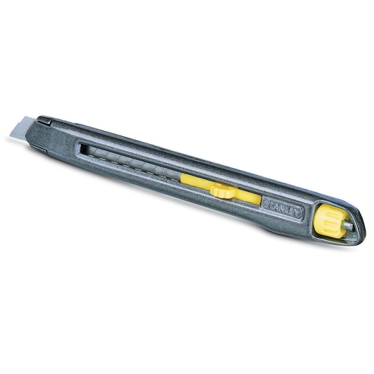 STANLEY 0-10-095 utility knife, metal body with yellow slider, product side view on white background.