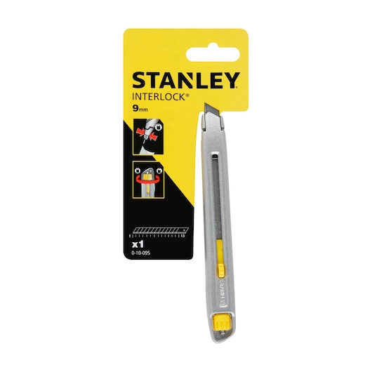 STANLEY 0-10-095 utility knife, 9mm, silver body with yellow slider, front angle, in retail packaging.