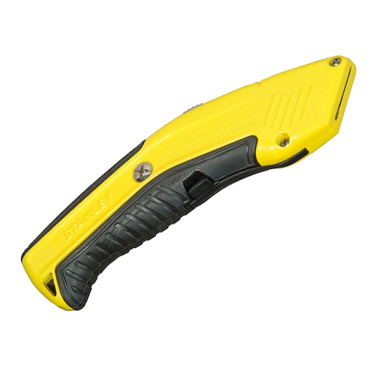 Photo of STANLEY 0-10-237 yellow and black utility knife, angled side view on white background.