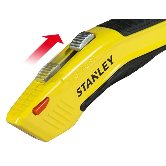 STANLEY 0-10-237 utility knife, yellow and black, with blade slider and red button, side angle on white background.
