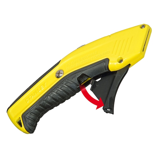 STANLEY 0-10-237 utility knife with yellow and black handle, side view, open storage compartment.