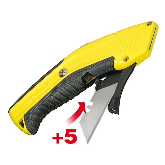 STANLEY 0-10-237 utility knife with yellow and black handle, extended blade, white background, side angle.