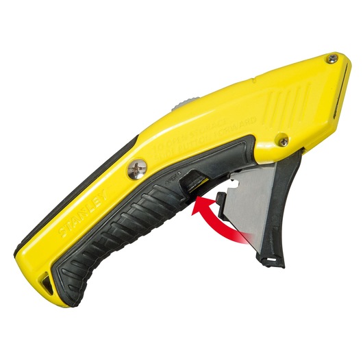 STANLEY 0-10-237 utility knife with yellow and black handle, side view on white background, blade storage open.