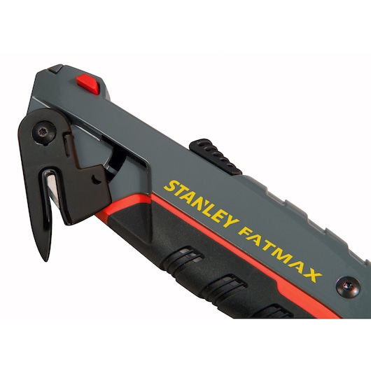 STANLEY 0-10-242 utility knife, FATMAX series, close-up side angle showing safety hook and blade.