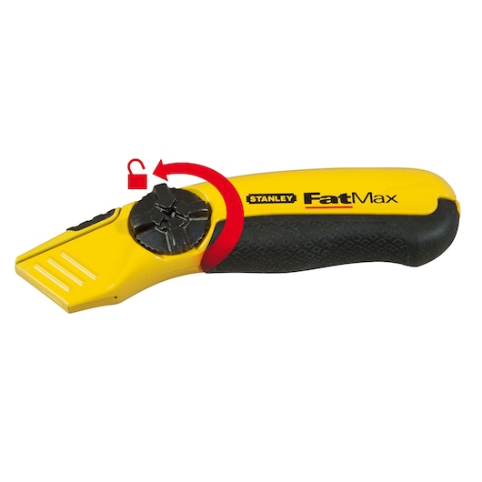 STANLEY FatMax utility knife 0-10-780, yellow and black, side view with lock symbol and arrow showing knob rotation.