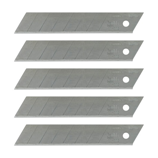 STANLEY 0-11-718 snap-off utility blades, silver, five blades shown, top angle on white background.