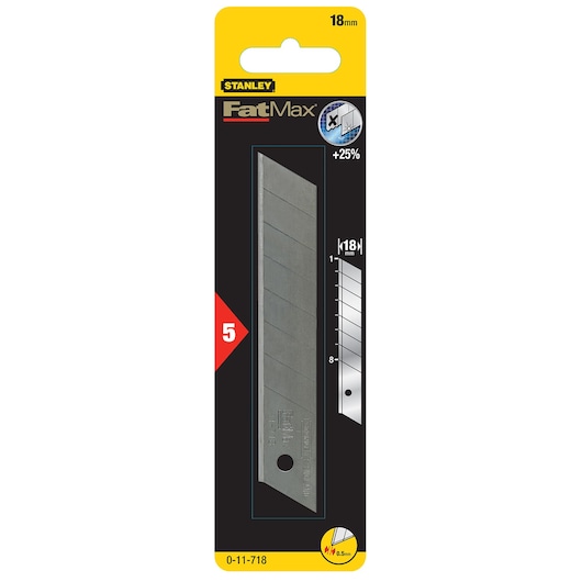 STANLEY 0-11-718 FatMax 18mm snap-off utility blade pack, front view on white background.