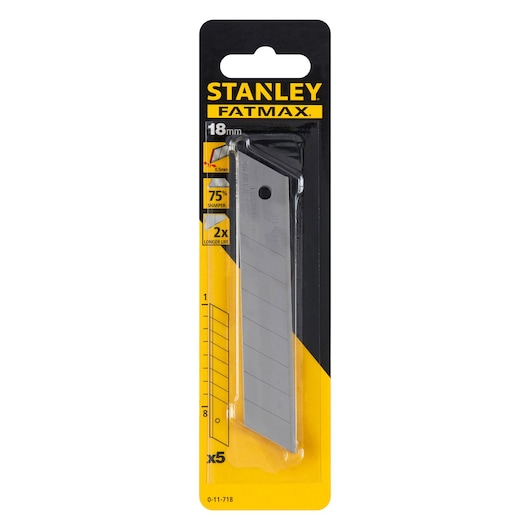 Photo of STANLEY 0-11-718 utility knife blades 18mm, pack of 5, in yellow and black retail packaging, front angle.
