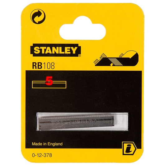STANLEY 0-12-378 replacement blades pack, RB108, five blades, product packaging front angle.