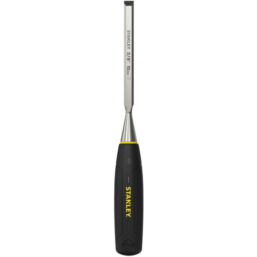 STANLEY 0-16-539 chisel with blue handle and beveled steel blade, product side angle on white background.