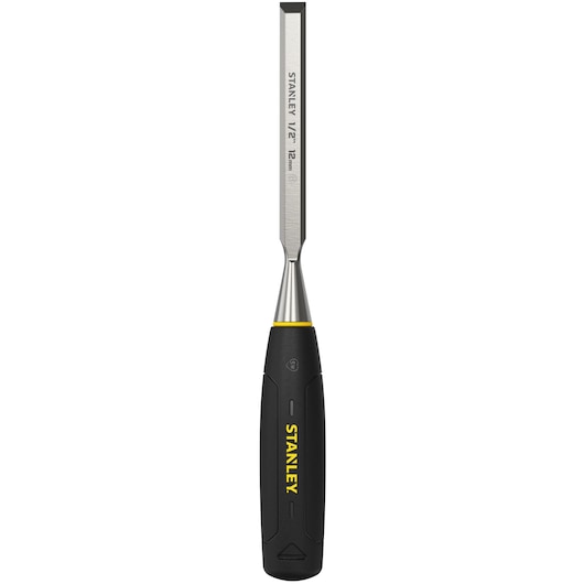 STANLEY 0-16-540 chisel with black handle, photographed front view, steel blade with size marks, on white background.
