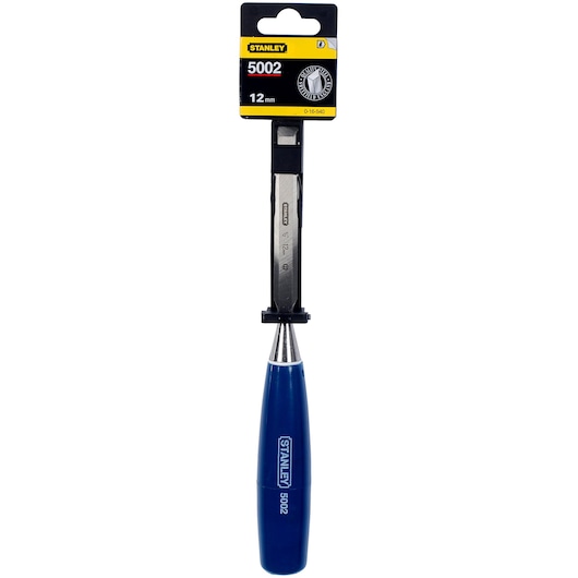 STANLEY 0-16-540 wood chisel with blue handle, 12mm, straight-on angle on white background.