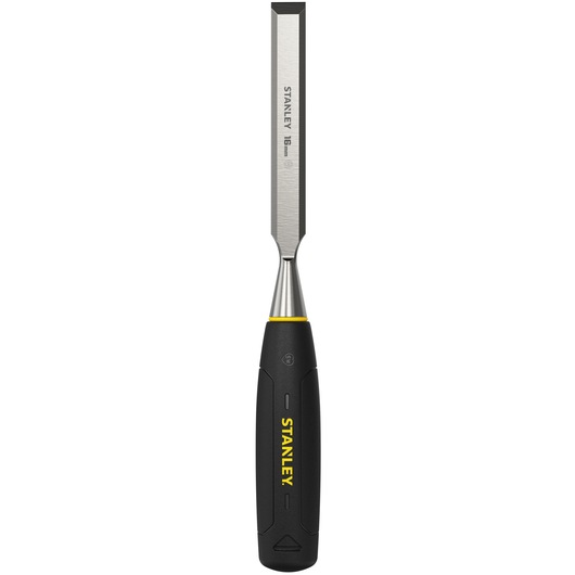 Stanley wood chisel with black and yellow handle, 16mm blade, used for woodworking tasks.