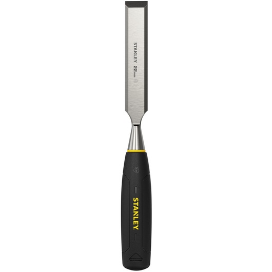 Stanley 22mm wood chisel with black and yellow handle, used for carpentry and woodworking tasks.