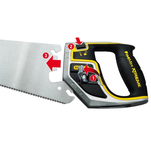 Stanley 0-20-104 FatMax Xtreme hand saw close-up on blade locking mechanism, handle and blade, white background.