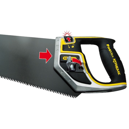 Photo of STANLEY 0-20-104 hand saw with ergonomic black and yellow FatMax Xtreme handle, shown from side angle.