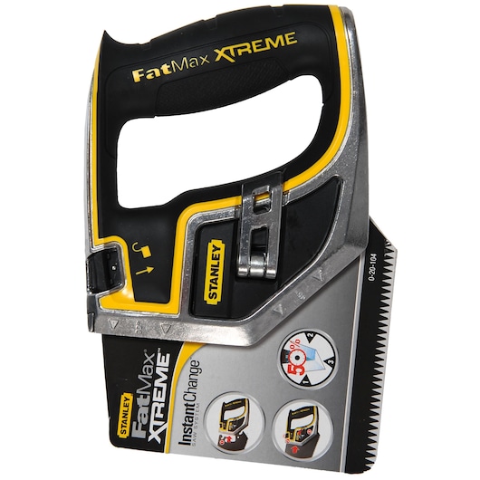STANLEY 0-20-104 hand saw FatMax XTREME, black and yellow, side angle photo.