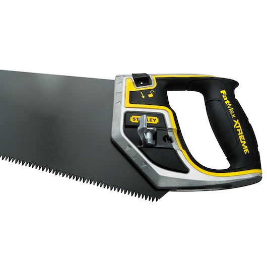 STANLEY 0-20-255 hand saw with black blade, ergonomic black and yellow handle, side angle on white background.