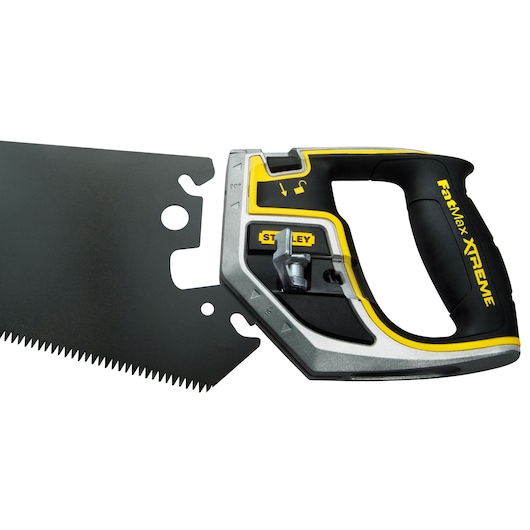 Stanley FatMax XTREME hand saw with ergonomic handle and sharp blade for precise wood cutting.