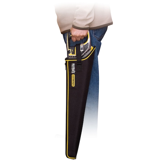 STANLEY 0-20-255 hand saw in black fabric sheath with yellow trim, held by person, product side view.