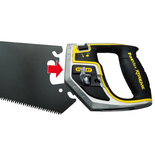 STANLEY 0-20-255 hand saw with black blade, yellow and black ergonomic handle, side view on white background.