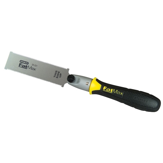 STANLEY 0-20-331 FatMax fine-tooth folding saw with black and yellow ergonomic handle, side view on white background.