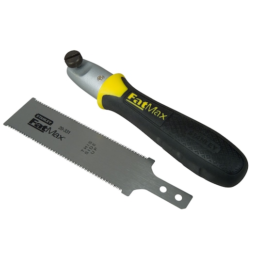 STANLEY 0-20-331 FatMax hand saw with black and yellow handle, separate straight blade, white background angle.