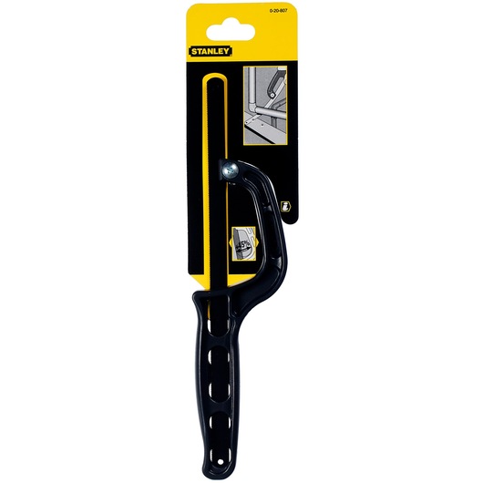 STANLEY 0-20-807 mini hacksaw with black handle in packaging, frontal view on white background.