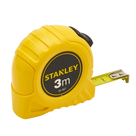 Yellow Stanley 3m tape measure with metal tip, partially extended. Model number 0-30-487 is visible.