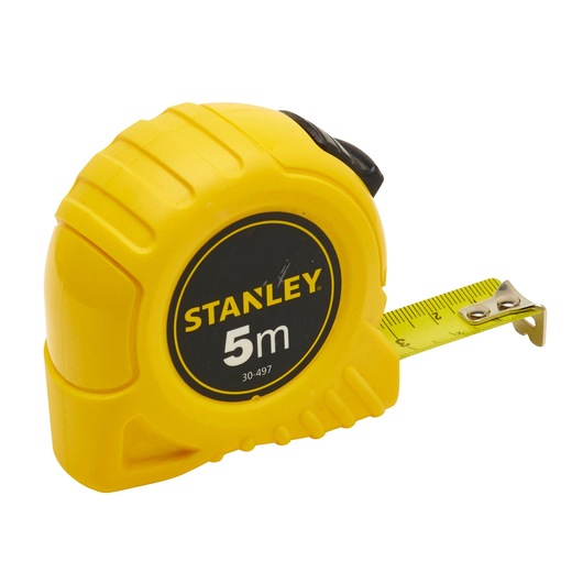 Yellow Stanley 5m tape measure with black detail and partially extended measuring tape.