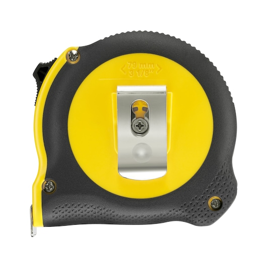 STANLEY 0-30-656 tape measure with black and yellow casing, rear view showing metal belt clip.