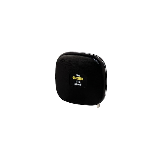 STANLEY 0-32-100 compact black measuring tape, square case, front angle, photography on white background.