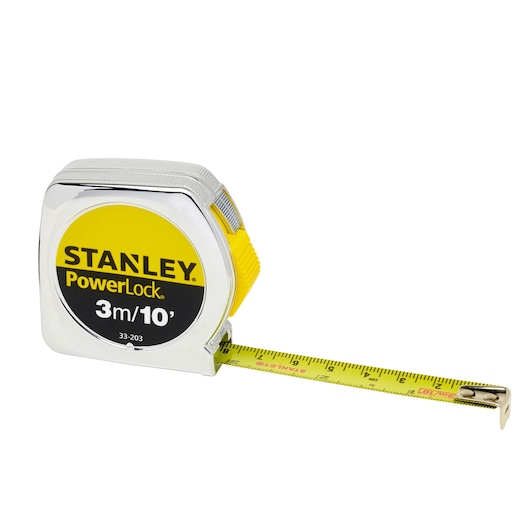 Photo of STANLEY 0-33-203 tape measure, PowerLock model, 3 meter/10 foot, chrome and yellow, front angle on white.