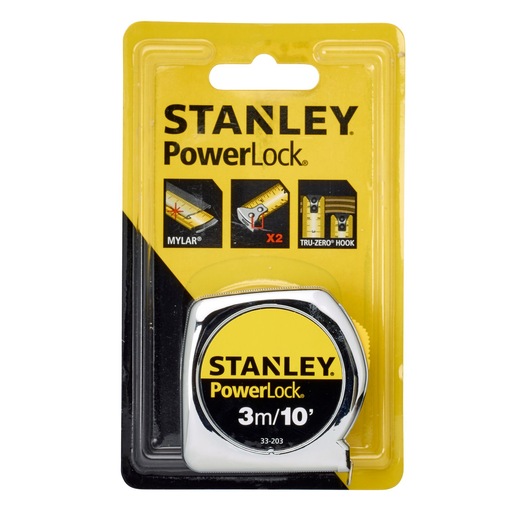 STANLEY 0-33-203 PowerLock tape measure, 3m/10ft, chrome case with yellow and black label, front packaging view.