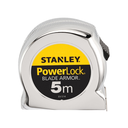 Photo of STANLEY 0-33-514 tape measure with chrome case, PowerLock branding, 5m length, front angle.