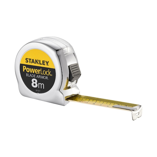 STANLEY 0-33-527 PowerLock tape measure, silver and yellow, front angle, with extended blade.