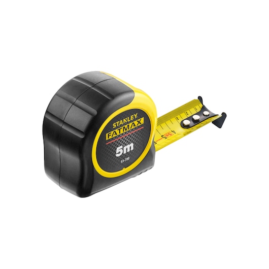 Stanley 0-33-720 tape measure, FATMAX 5m, yellow and black, side angle photo on white background.