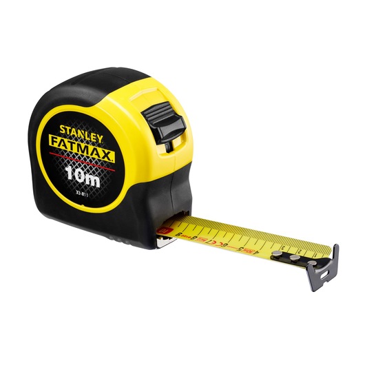 STANLEY 0-33-811 tape measure, yellow and black, extended 10m blade, product photography on white background.