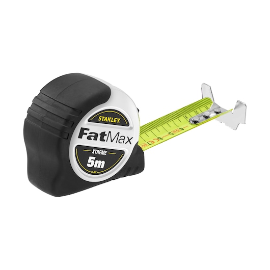 Stanley FatMax Xtreme 5m tape measure with black and yellow casing and extended metal blade.
