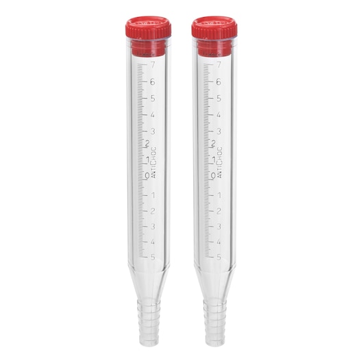 Two transparent plastic graduated tubes with red caps, used for precise measurement, shown upright side by side.