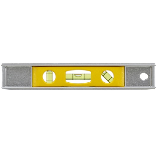 STANLEY 0-42-465 spirit level, yellow and silver, photography of front view on white background.