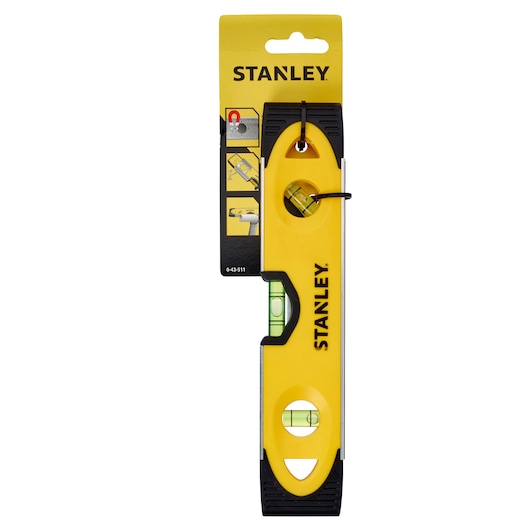 STANLEY 0-43-511 spirit level, yellow and black, front angle on white background.
