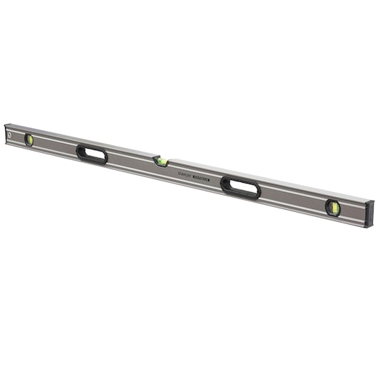 STANLEY 0-43-648 box beam level, silver with black accents, three vials, side handle, white background side angle.