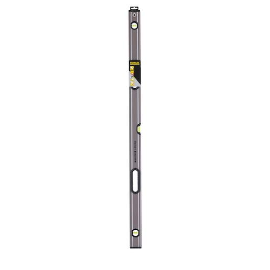 STANLEY 0-43-648 spirit level, silver with black accents, three vials, front angle on white background.