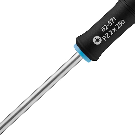 STANLEY 0-62-571 Pozidriv screwdriver with black handle and blue ring, side angle on white background.