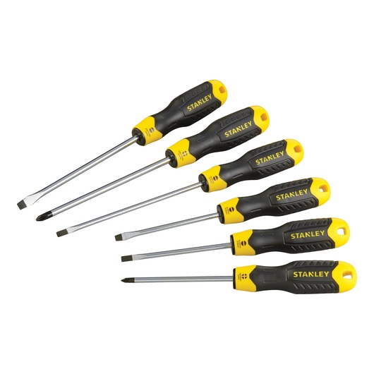 Stanley set of six screwdrivers with black and yellow handles, flat and Phillips heads.