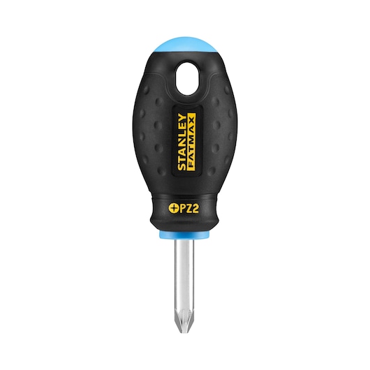 STANLEY 0-65-409 stubby Pozidriv screwdriver with black textured handle, front angle, white background.