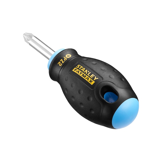 STANLEY 0-65-409 stubby Phillips screwdriver with black textured handle, blue accents, and visible PH2 tip, angled view.