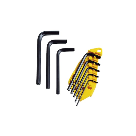 STANLEY 0-69-252 hex key set with yellow holder, black L-shaped keys, product photo on white background.