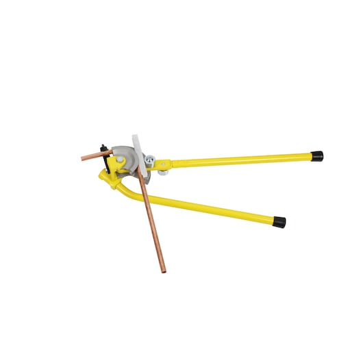 STANLEY 0-70-452 pipe bender with yellow handles and metal head, side angle on white background.